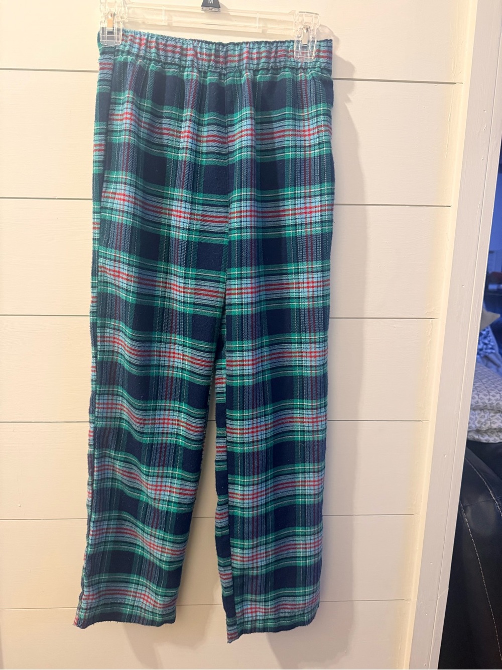 Lands' End Navy, Teal & Red Plaid Fleece Pajama Pants